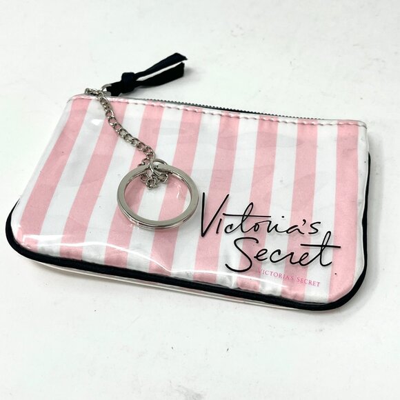 Victoria’s Secret Keychain Zippered Card Holder Pink Stripes Polka Dot Liner - Picture 1 of 5
